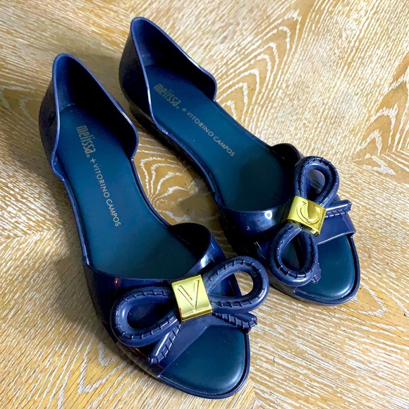 MELISSA + VITORINO CAMPOS Open Toe Navy Jelly Flats 8 - Picture 1 of 8